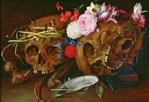 Vanitas Still Life with Skulls، Flowers، a shell بلح البحر اللؤلؤي ، فقاعة وقشة